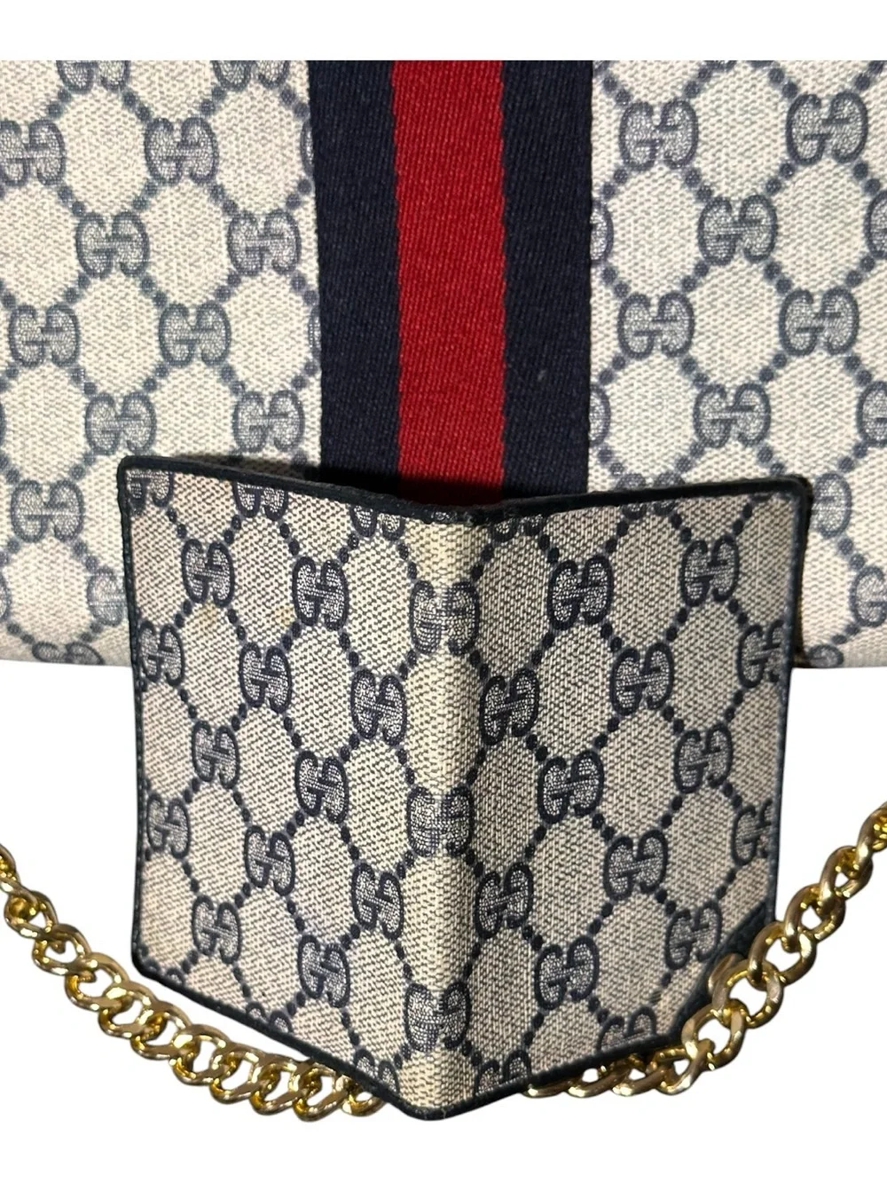 Gucci Navy GG converted Canvas Leather Clutch Bag with Web Stripe & Card Holder